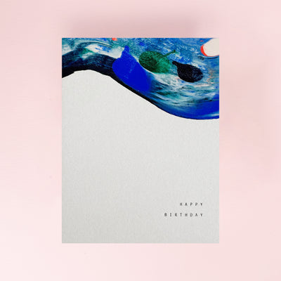 Greeting card with abstract design and 'Happy Birthday' text on a pink background