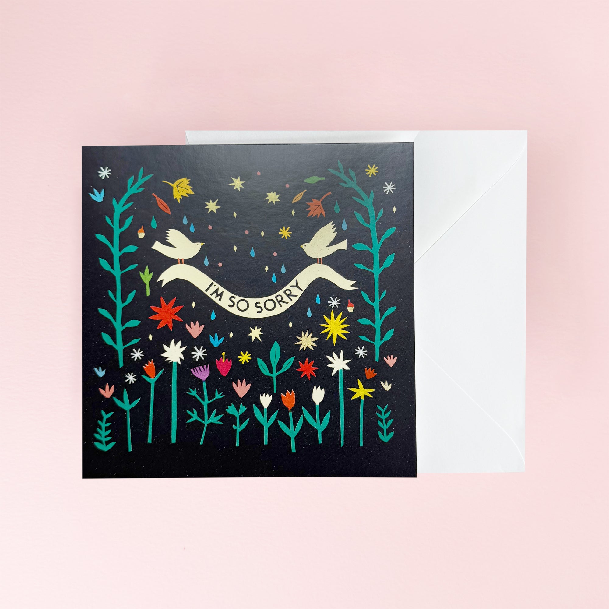 Greeting card with colorful floral design and 'I'm so sorry' banner