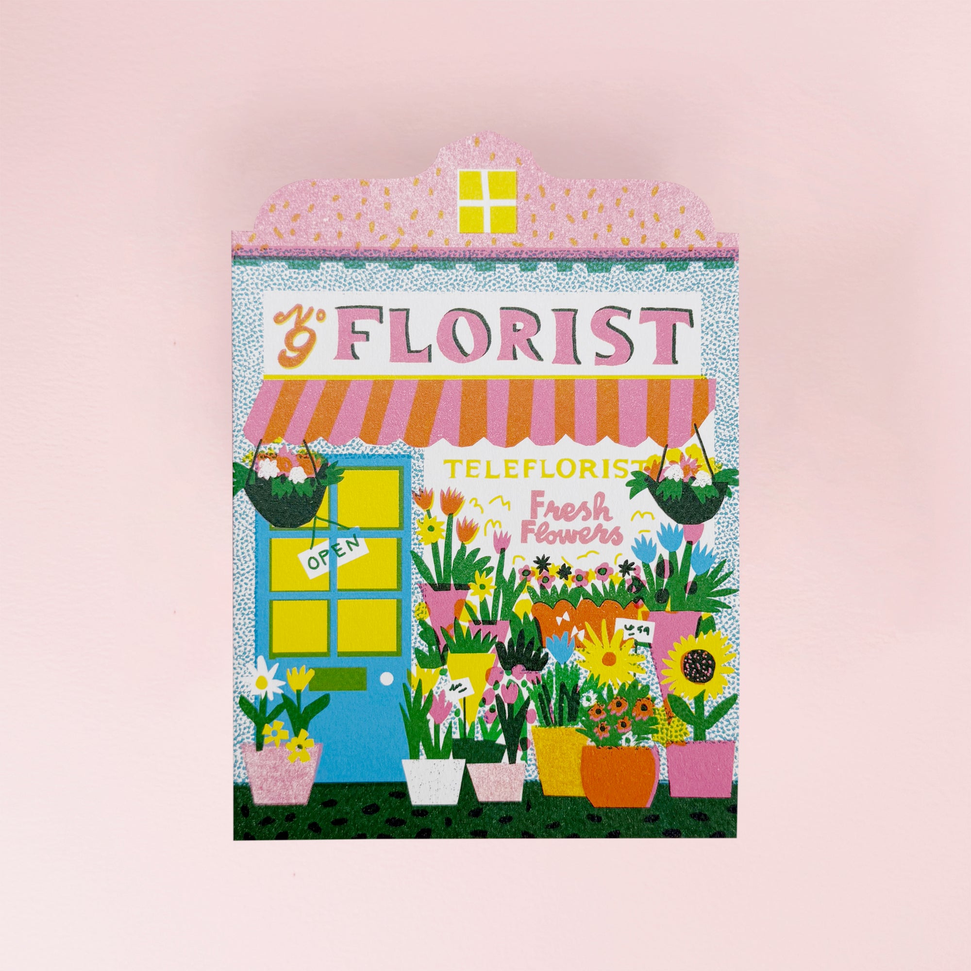Illustration of a florist shop with colorful flowers and a pink background