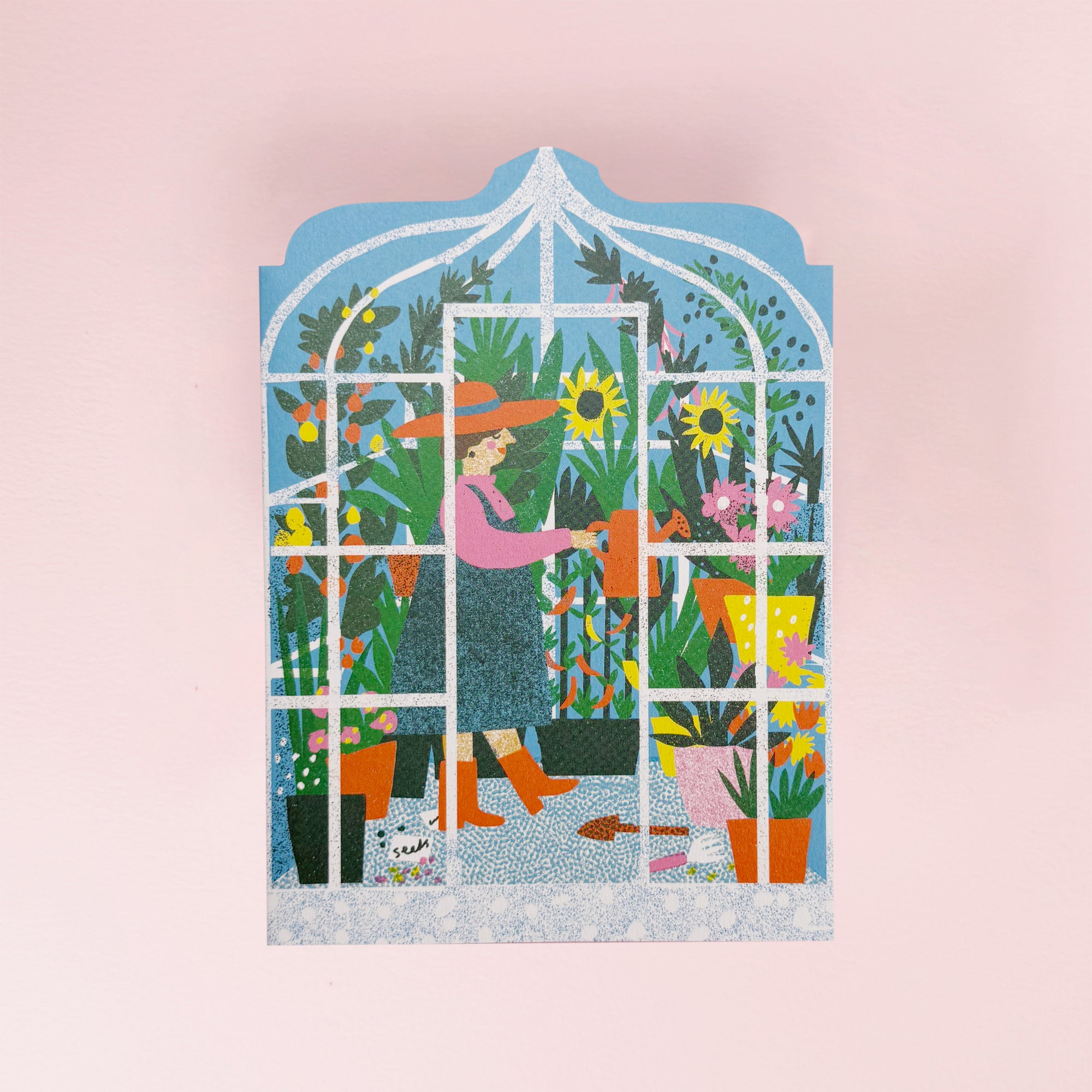 Illustration of a person gardening through a window greeting card