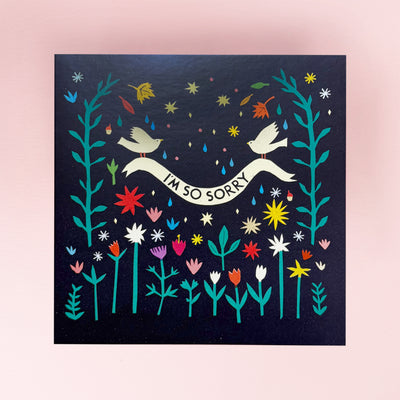 greeting card with a Colourful illustration with birds and flowers on a dark background
