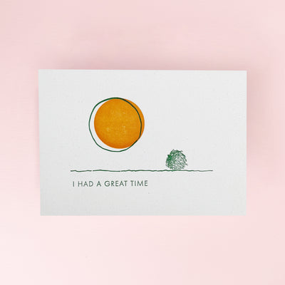 Card with a sun and tree illustration and 'I had a great time' text