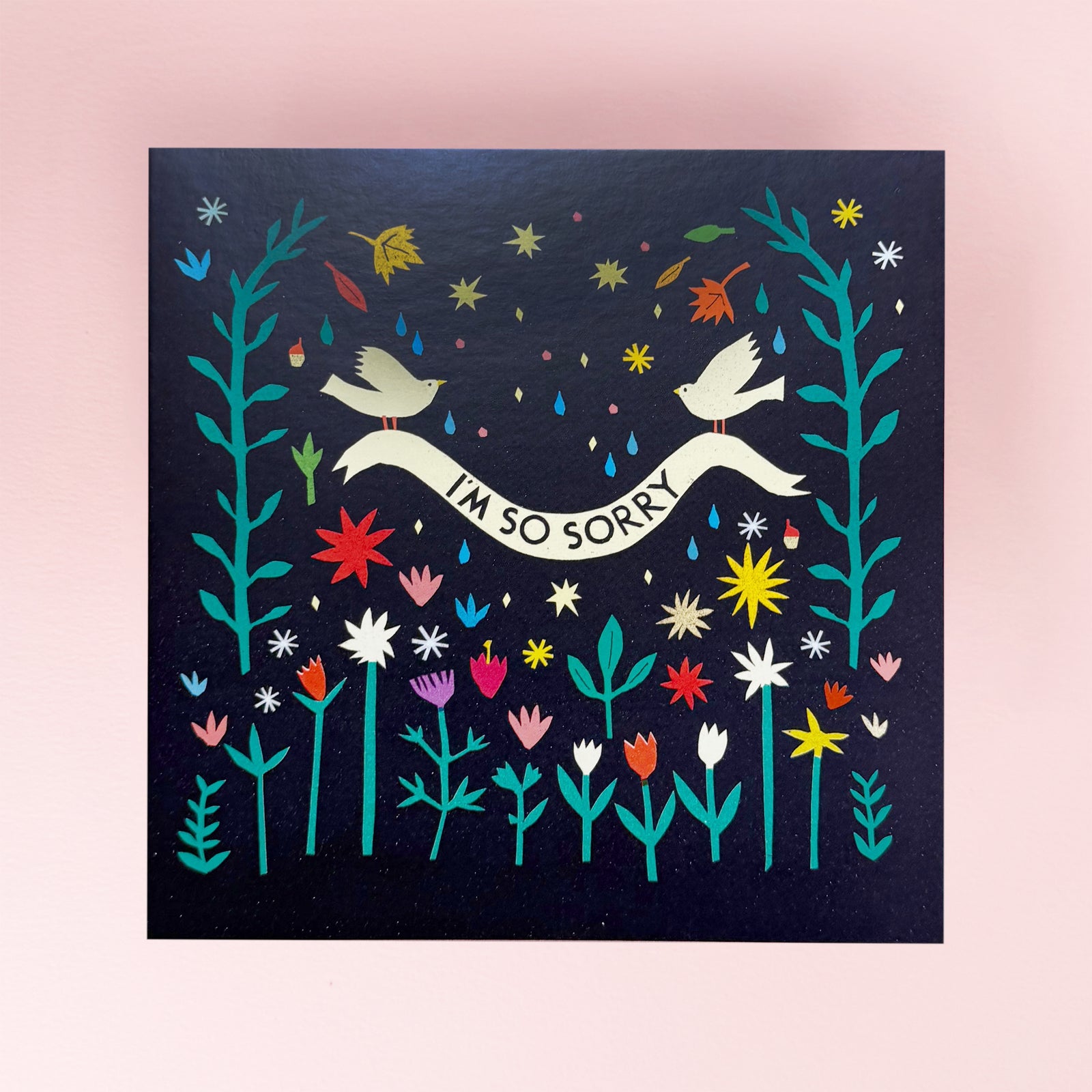 greeting card with a Colourful illustration with birds and flowers on a dark background