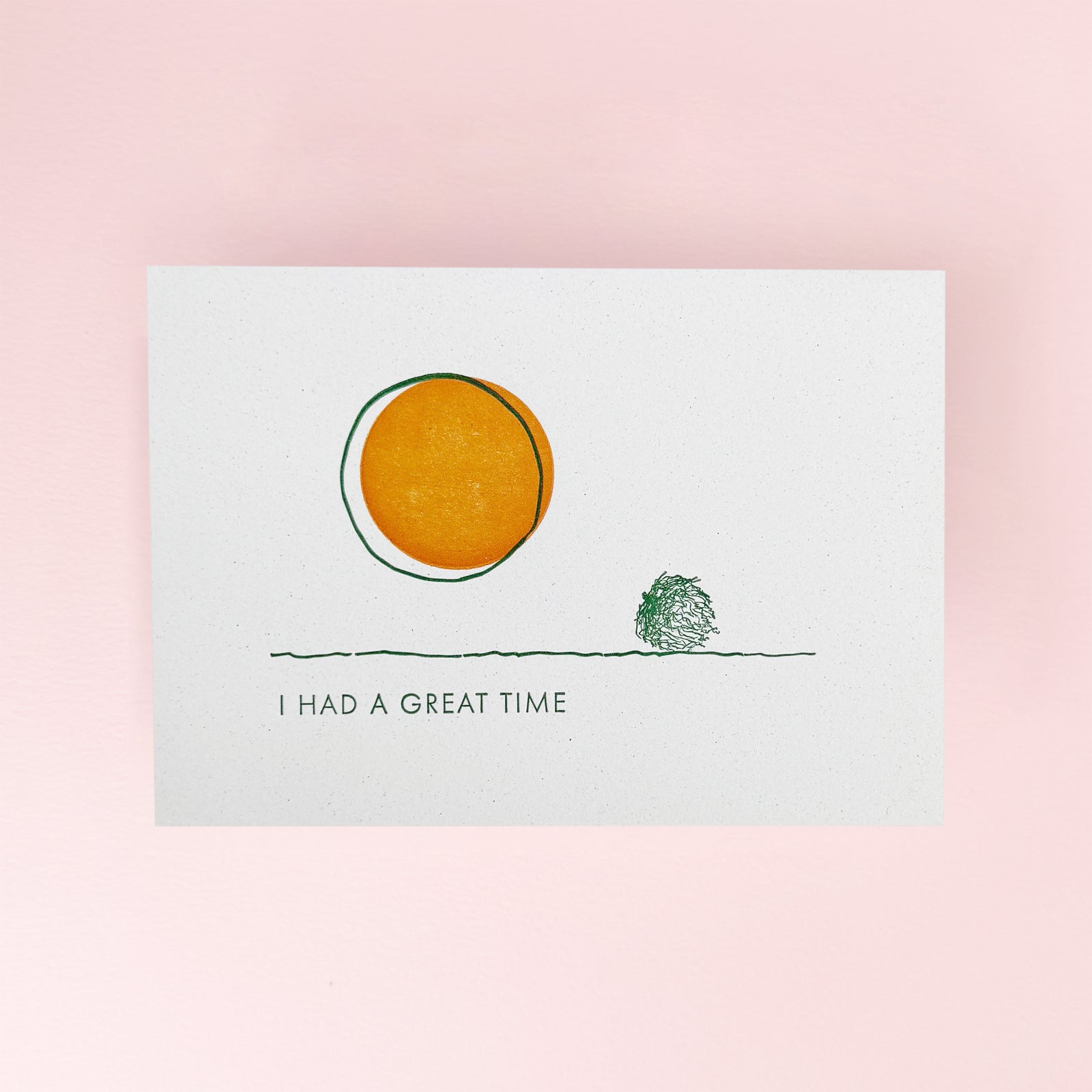 Card with a sun and tree illustration and 'I had a great time' text