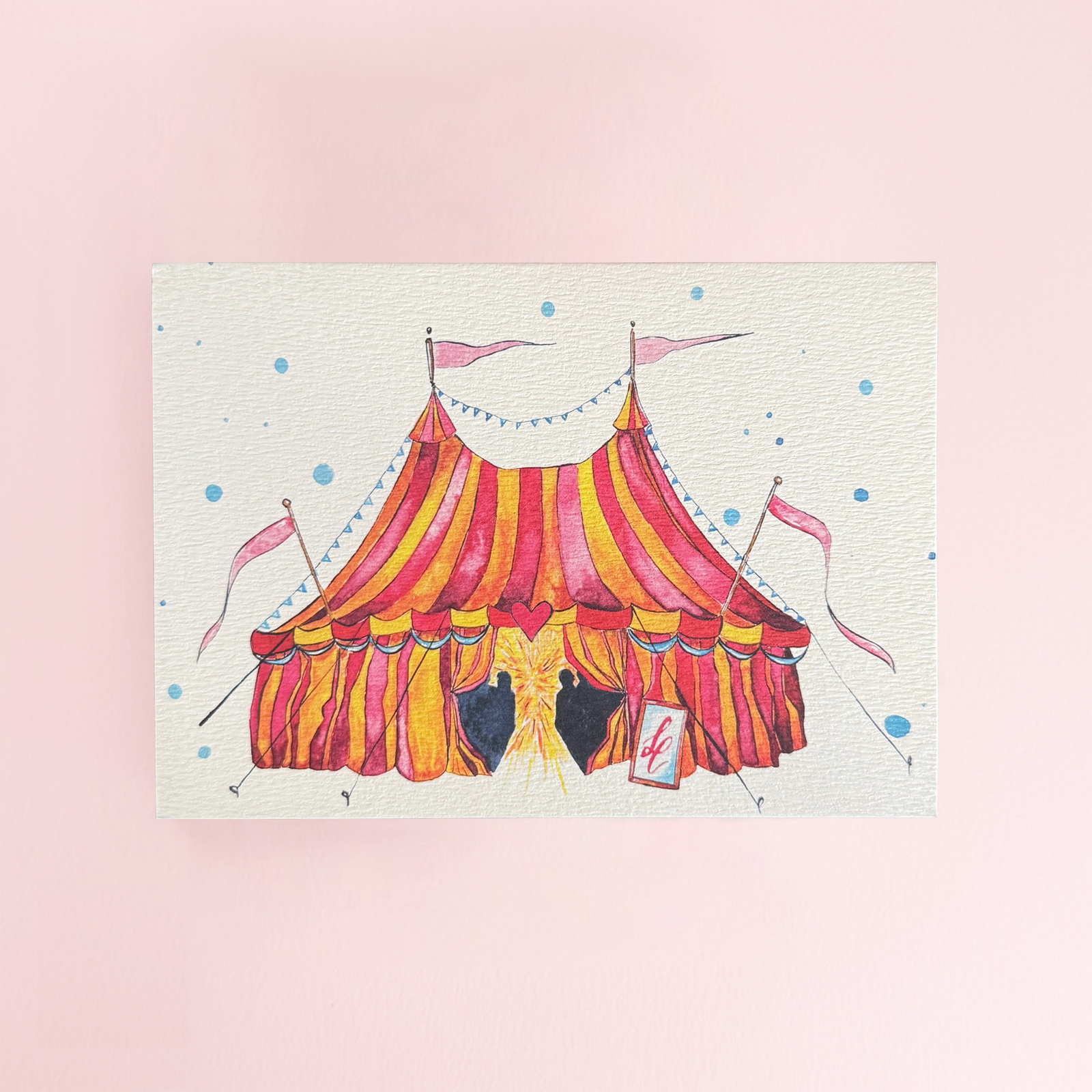 A watercolour greeting card depicting a colourful striped circus tent on a cream background with playful blue polka dots around the edge of the tent